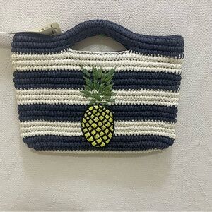 TALBOTS Hand Crocheted Paper Straw Stripes and Pineapple Clutch Handbag-NWT